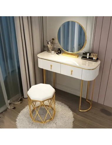 Coiffeuse ovale blanc avec 2 tiroirs miroir rotatif et tabouret Amélioration de cerveau avec