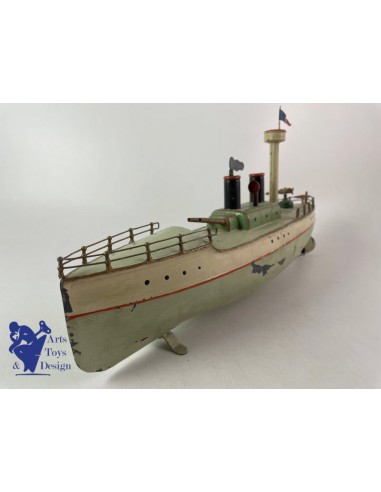 JOUET ANCIEN CARETTE BATEAU MILITAIRE CANONNIERE MECANIQUE VERS 1911 L 35CM de technologie